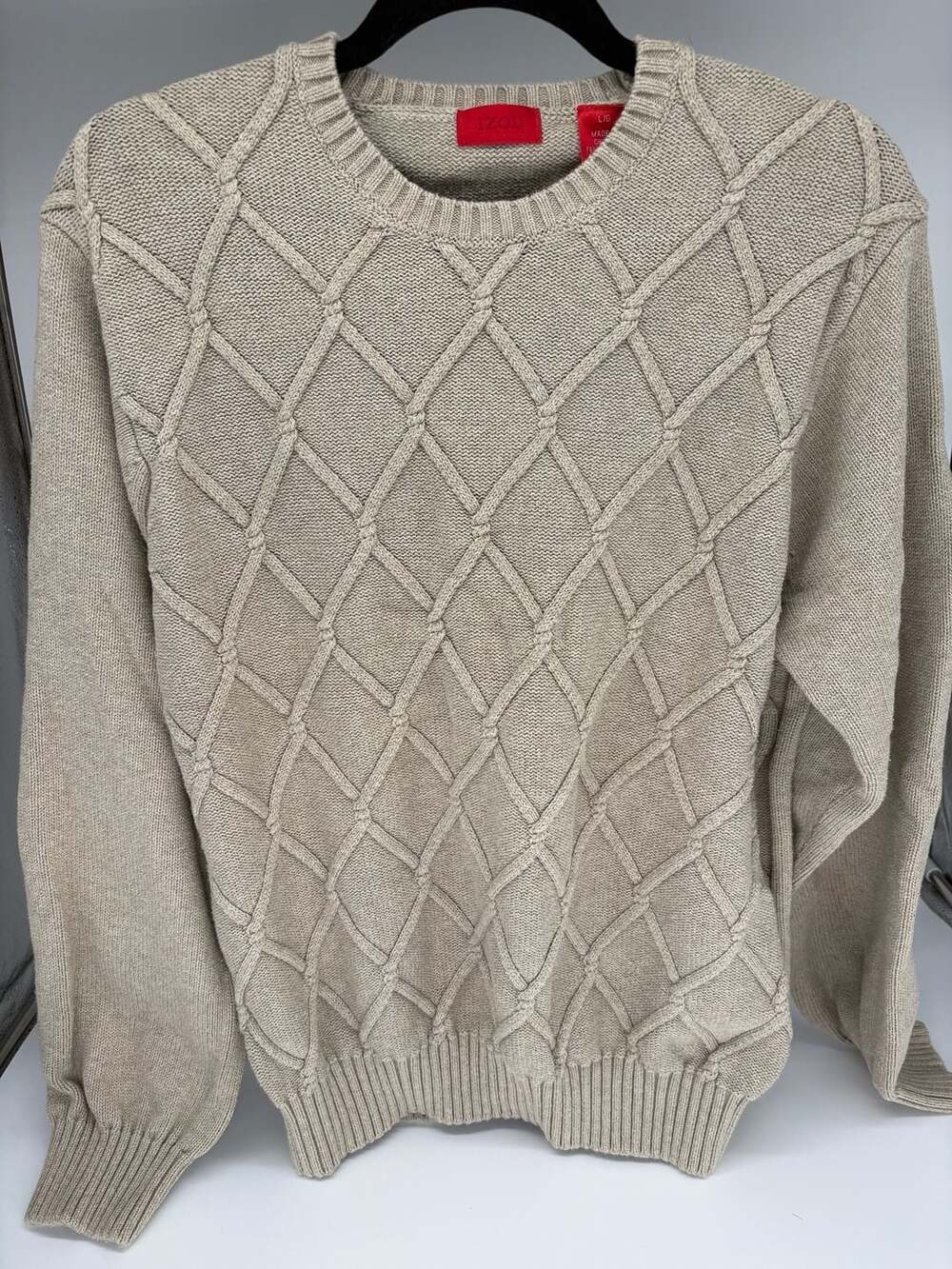 IZOD Mens Beige Diamond Pattern Cable Knit Crew Neck Pullover Sweater